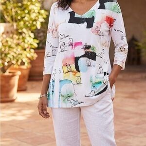 Impulse California Cat Print Sequin V-Neck Tunic Top - Size L